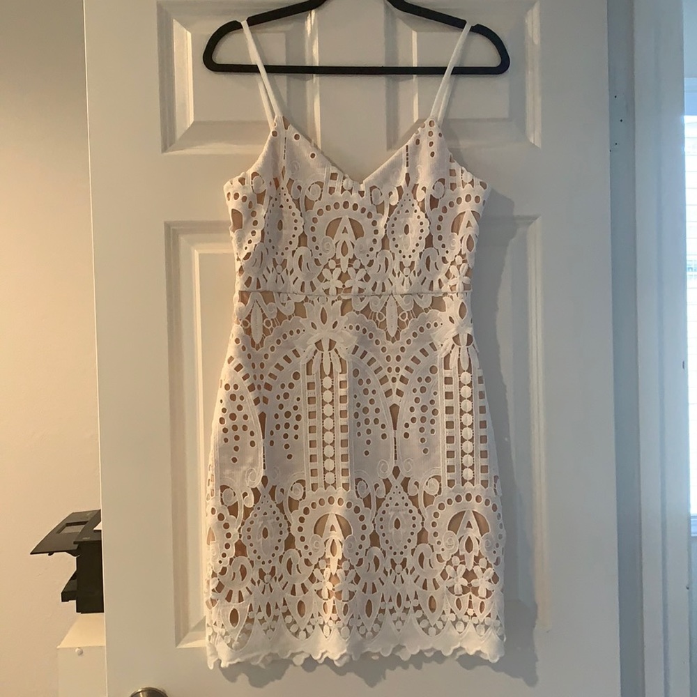 Lulus - white + nude lace mini dress - S